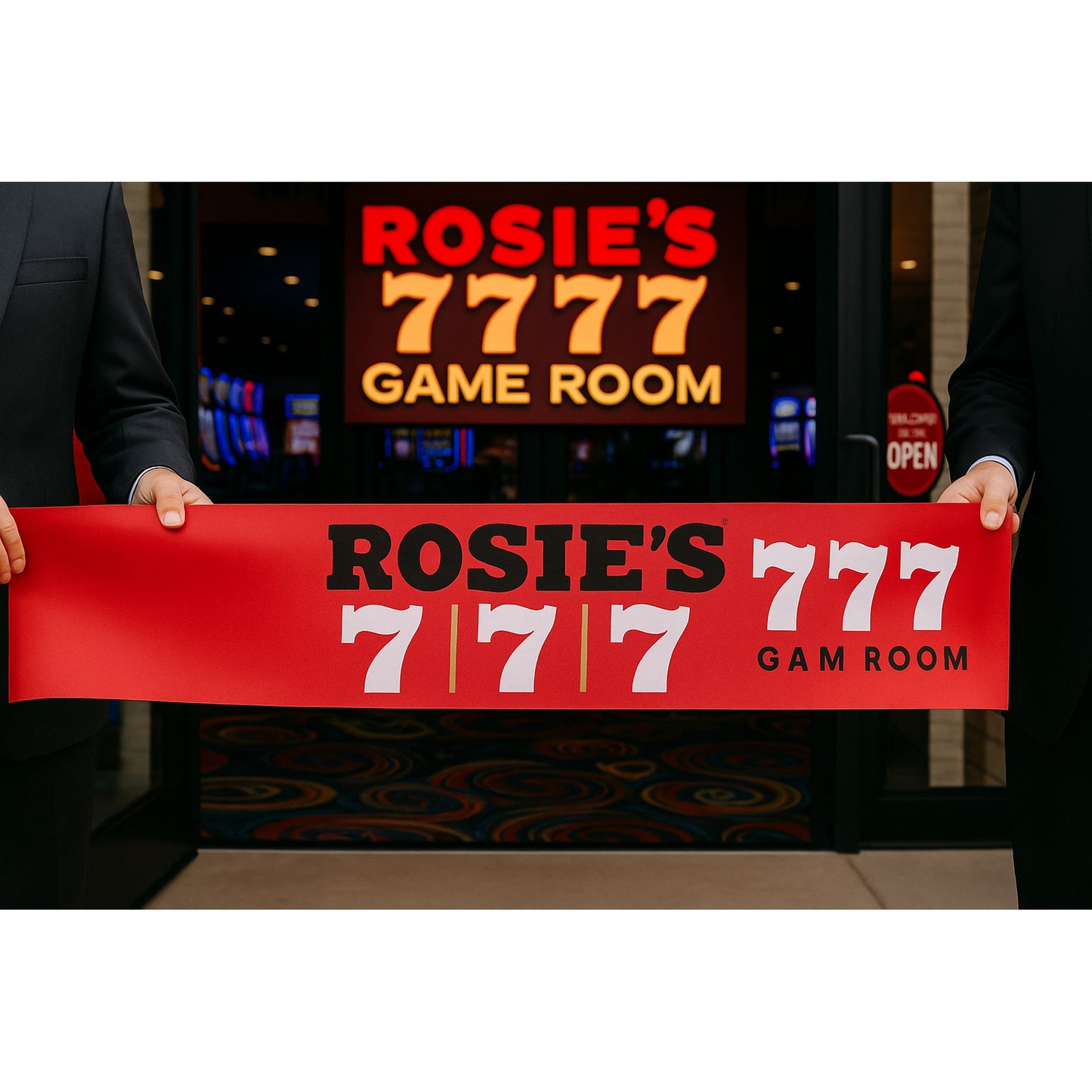 Grand Opening Ribbon with a white background, 50 yard length x 3", 4", 6", 8" and 10" width.
