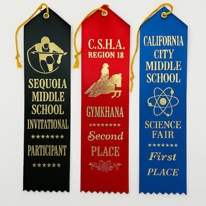 2"x 8" CUSTOM AWARD RIBBON WITH EYELET, STRING AND EVENT CARD