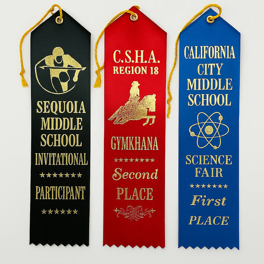 2"x 8" CUSTOM AWARD RIBBON WITH EYELET, STRING AND EVENT CARD