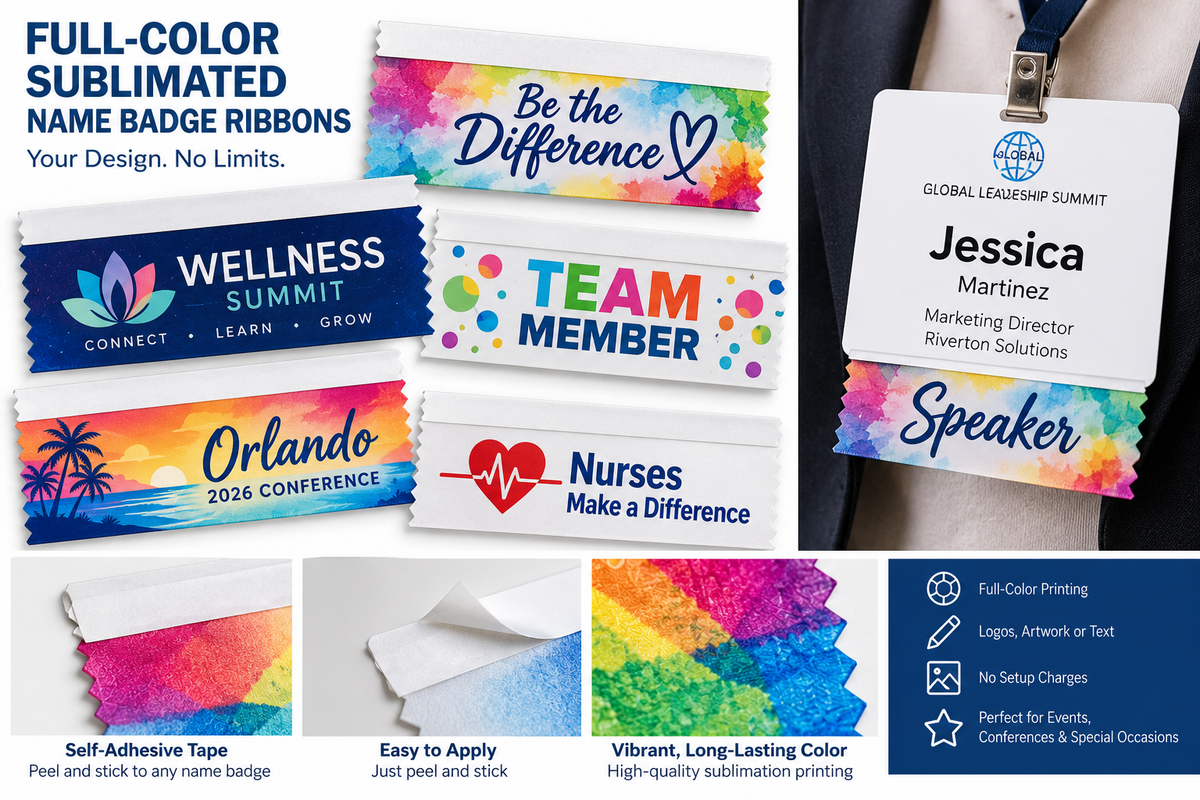 Custom Name Badge Ribbon – Full Color (1-5/8 Inch Width) NO SETUP CHARGE