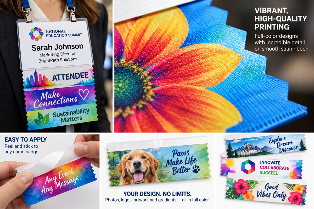 Custom Name Badge Ribbon – Full Color (1-5/8 Inch Width) NO SETUP CHARGE